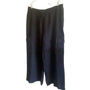 NWOT Caslon Women's Black 100% Linen Cargo Wide Leg Drawstring Pants Size Large